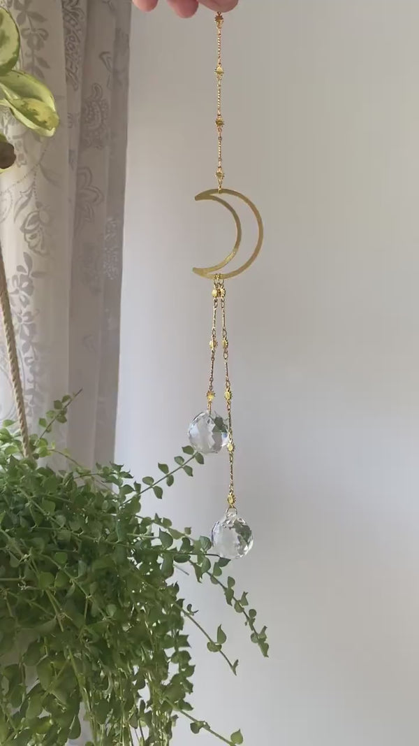 Crystal Crescent Moon Stars Gold Geometric Modern Suncatcher Rainbow Maker Wall Hanging Zen Celestial Good Luck Decor Gift for Her