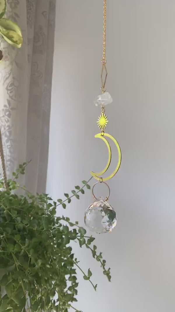 Clear Quartz Swarovski Crystal Crescent Moon Star Gold Geometric Modern Suncatcher Rainbow Maker Light Catcher Hanging Good Luck for Her