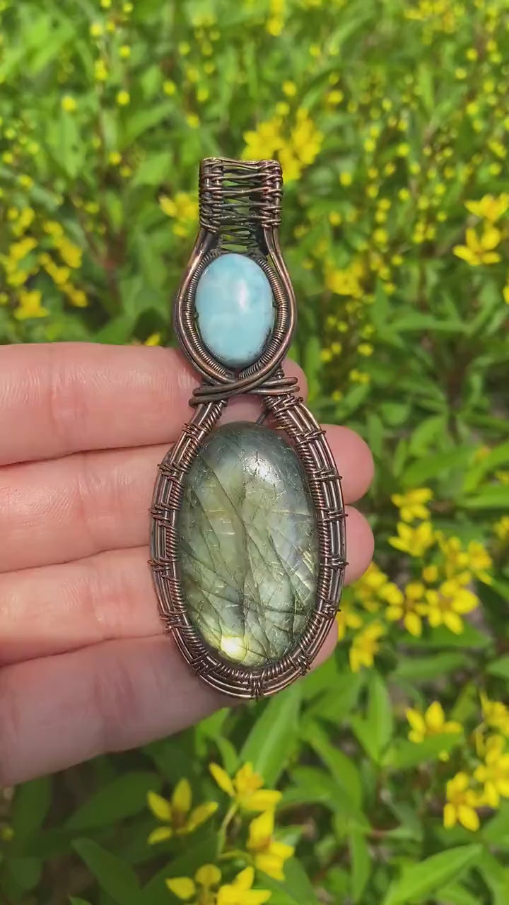 Handmade Labradorite & Larimar Crystal Pendant Necklace, Copper Wire Wrapped Oval Gemstone REIKI INFUSED, Amulet Goddess Wicca Unique Gift