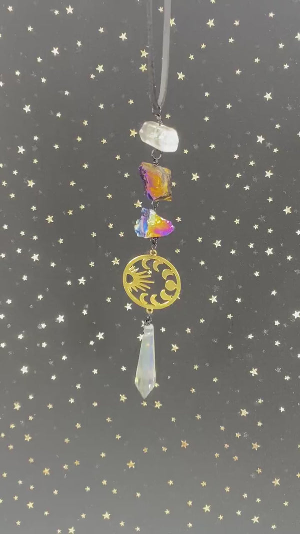 Sun & Moon Phase Gold Aura Quartz Prism Suncatcher Rainbow Maker Wall Hanging Boho Zen Decor Accessory Protection Banish Evil Gift for Her