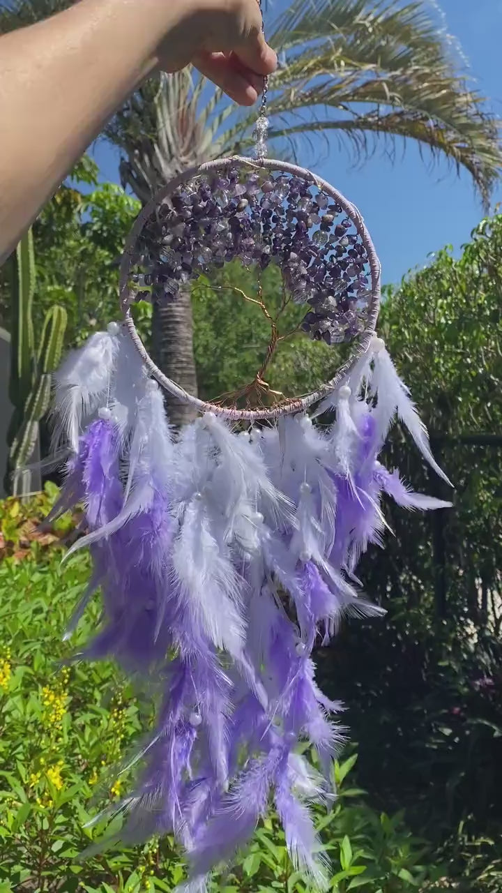 Tree of Life Lavender Feather Dreamcatcher Copper Beaded Dream Catcher Unique Wall Decoration Large Purple Nursery Zen Moher's Day Gift