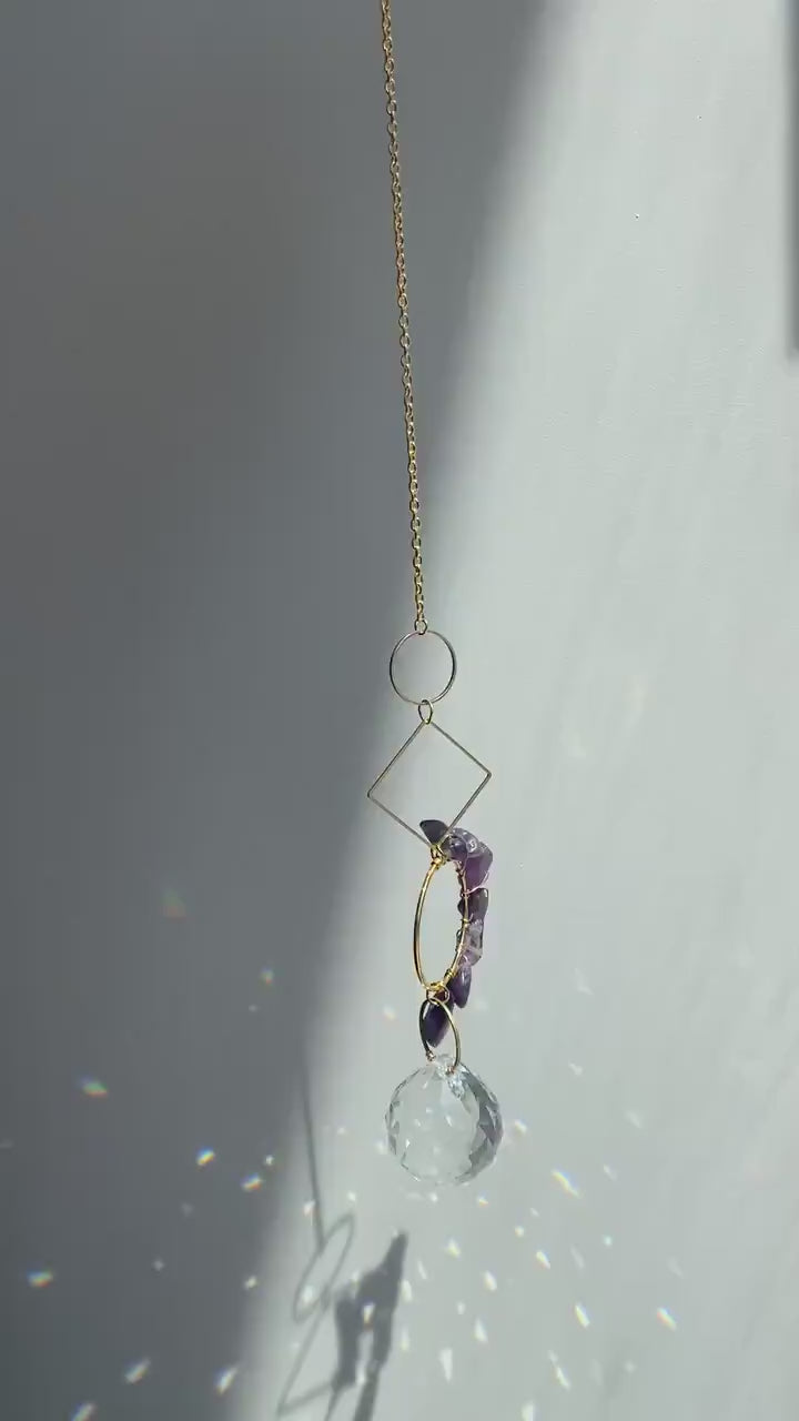 Amethyst Geometric Suncatcher - Dainty Gold Modern Purple Crystal Circle Diamond Celestial Hanging Zen Decor Lucky Good Luck Gift