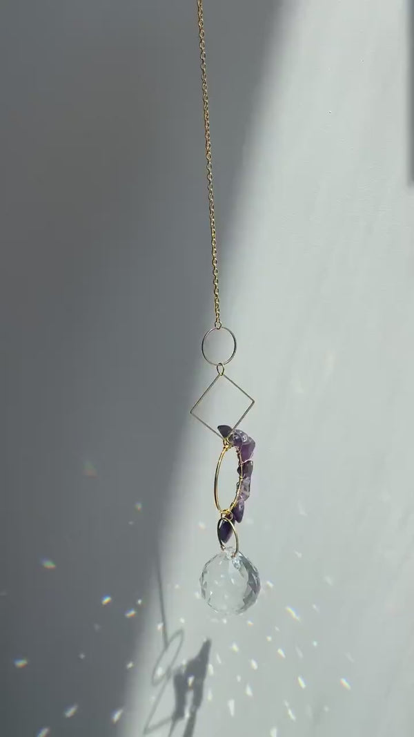 Amethyst Geometric Suncatcher - Dainty Gold Modern Purple Crystal Circle Diamond Celestial Hanging Zen Decor Lucky Good Luck Gift