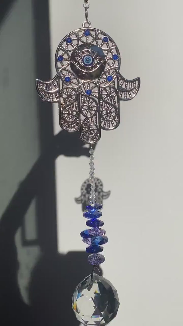 Evil Eye Blue Hamsa Sun Catcher Turkish Hand Palm Crystal Suncatcher Prism Wall Hanging Large Rainbow Maker Window Nursery Decor