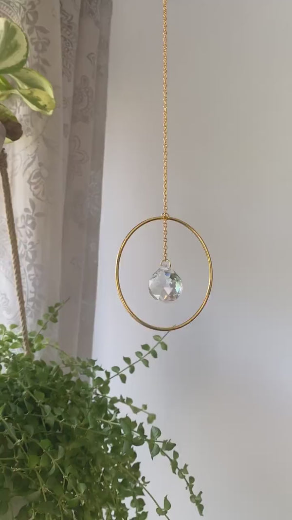 Gold Circle Geometric Suncatcher with Clear Crystal Prism Ball Modern Hoop Rainbow Maker Light Catcher Hanging Good Luck Gift