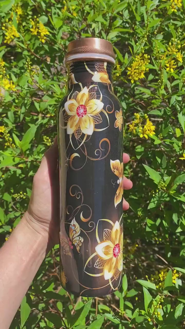 32oz 950mL Ayurvadic Pure Copper Printed Water Bottle, Yellow Flower Butterfly Nature, Meditation, Health Benefits, GREAT CHRISTMAS GIFT!