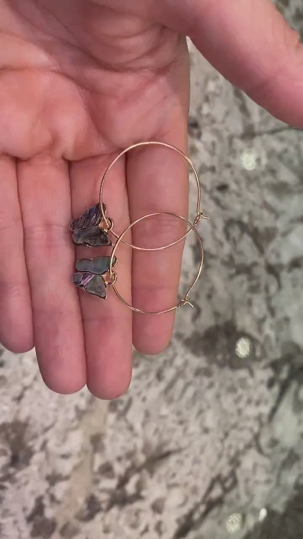 Spelled Abalone Shell Mother of Pearl Butterfly Earrings w GIFT BOX 18k Gold Oval Hoop Crystal Birthday Christmas Anniversary Wedding